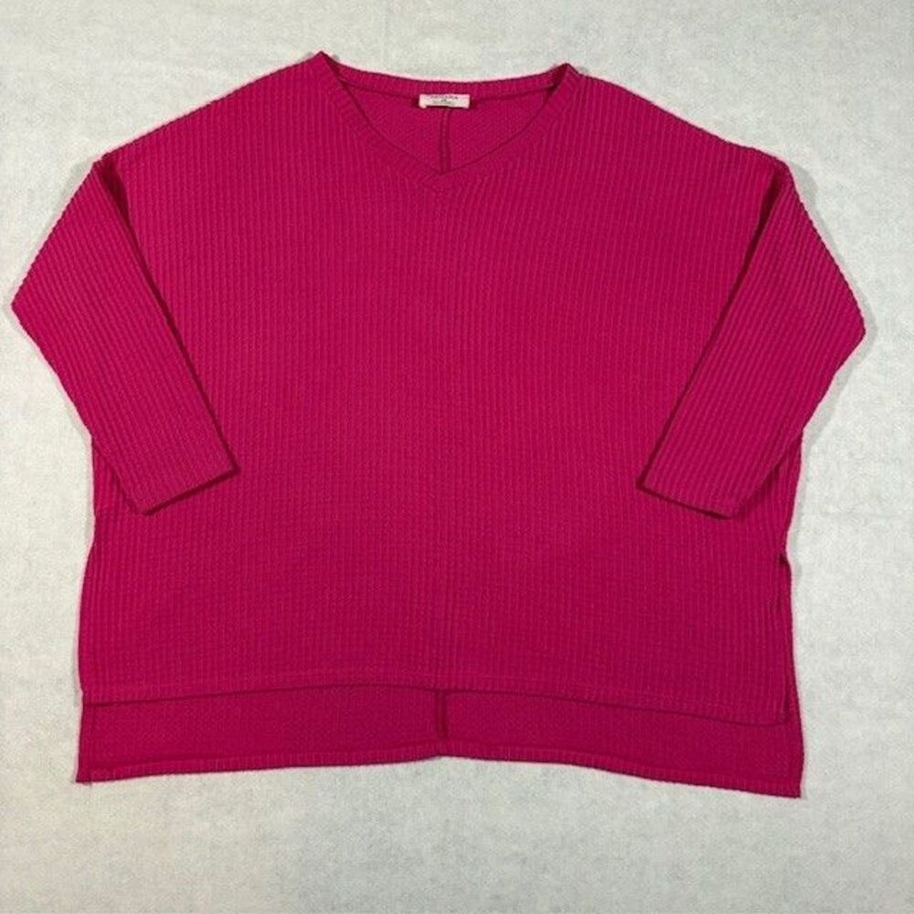 Zenana 1X Waffle Knit Top Pink V Neck 3/4 Sleeve Plus Size Relaxed Boxy